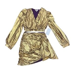 Rosevelt Gold Ruched Metallic Crop Top Long Sleeve Skirt Set S